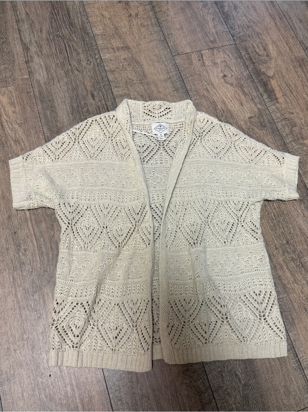 St. John's Bay Cotton Ramie Open-Knit Short Sleeve Cardigan in Beige